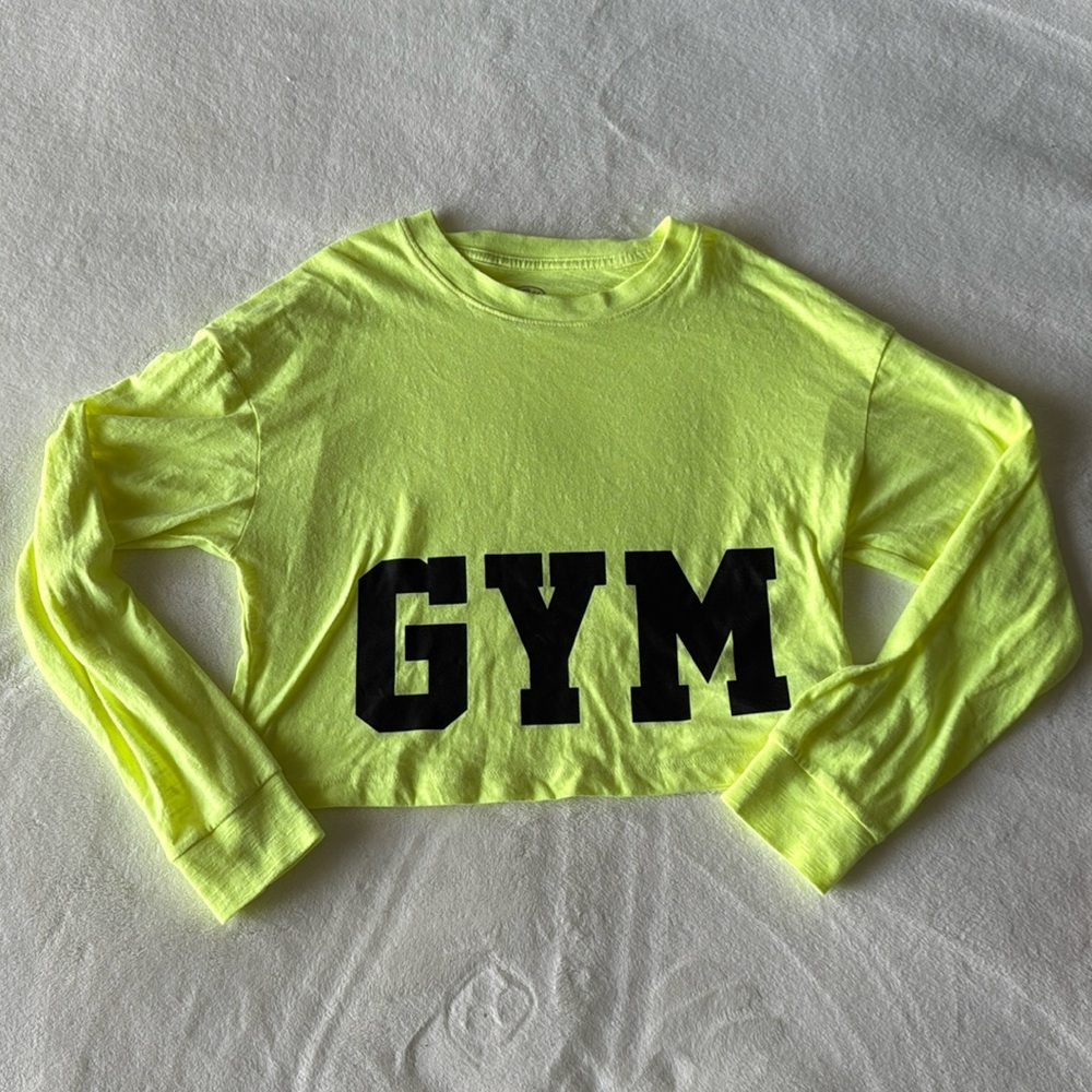 Girl’s Athletic Works Neon Long Sleeved Cropped “GYM” Shirt Size Large (10-12)